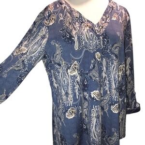 New Directions Womens XL Blue Paisley Grommet Lace Up V-Neck Tunic Top